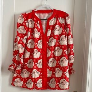 Red and White Heart Patterned Blouse with Mandarin Collar